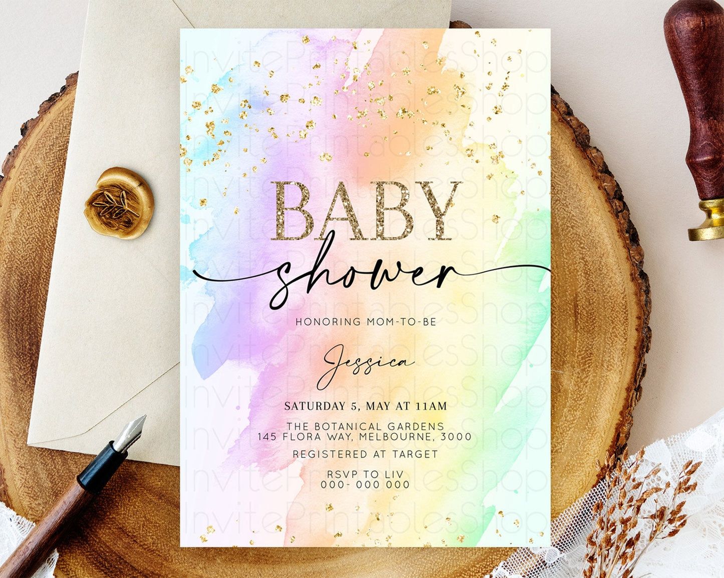 Pastel Baby Shower Invitation Rainbow Baby Shower Invitation Colorful Pastel Watercolor Invitation Gold Glitter Sprinkles Ombre D10645