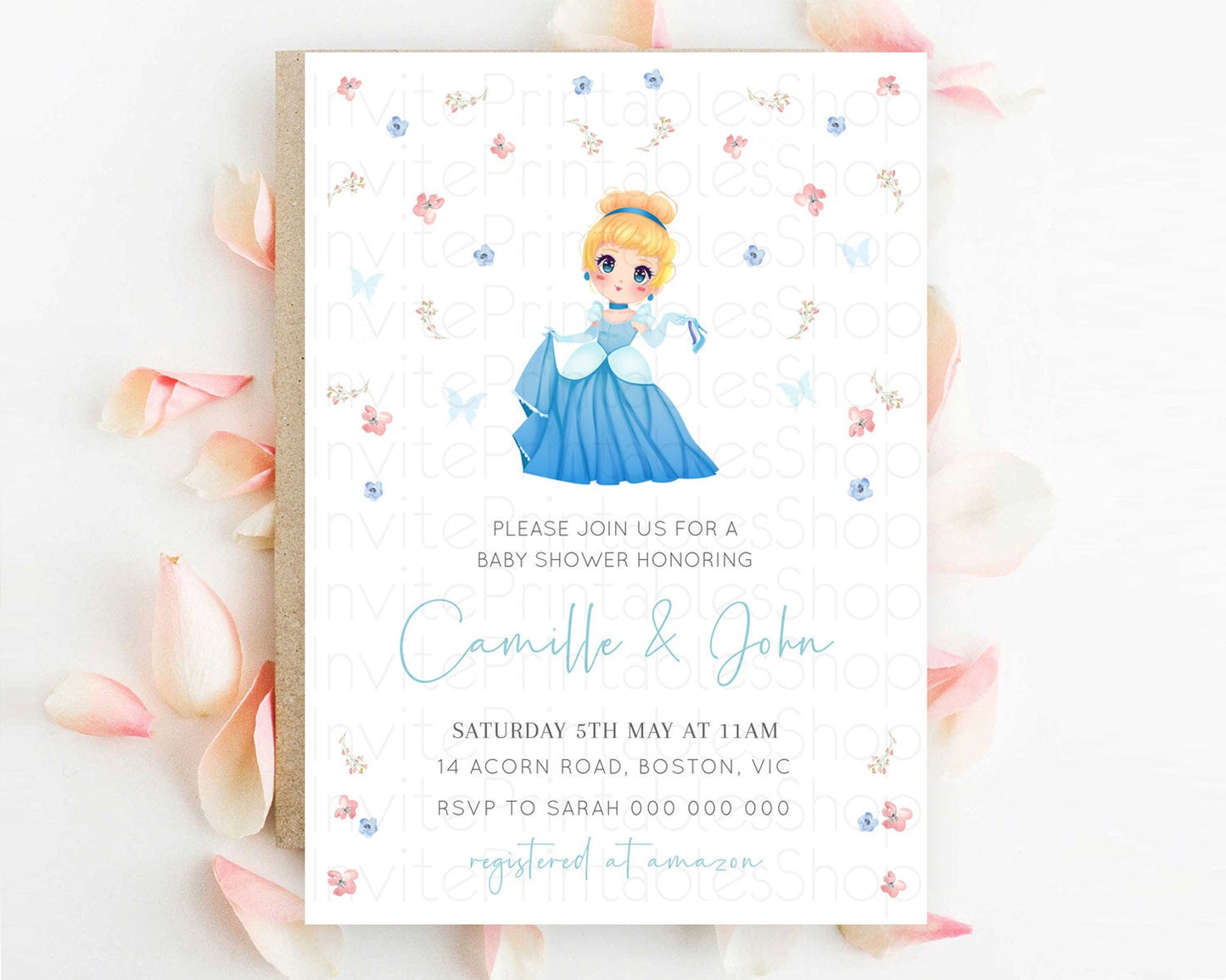 Princess Baby Shower Invitation: Enchanted Castle, Secret Garden, Floral, Royal Baby with Pink and Blue Flowers, Glass Slipper Theme D10354