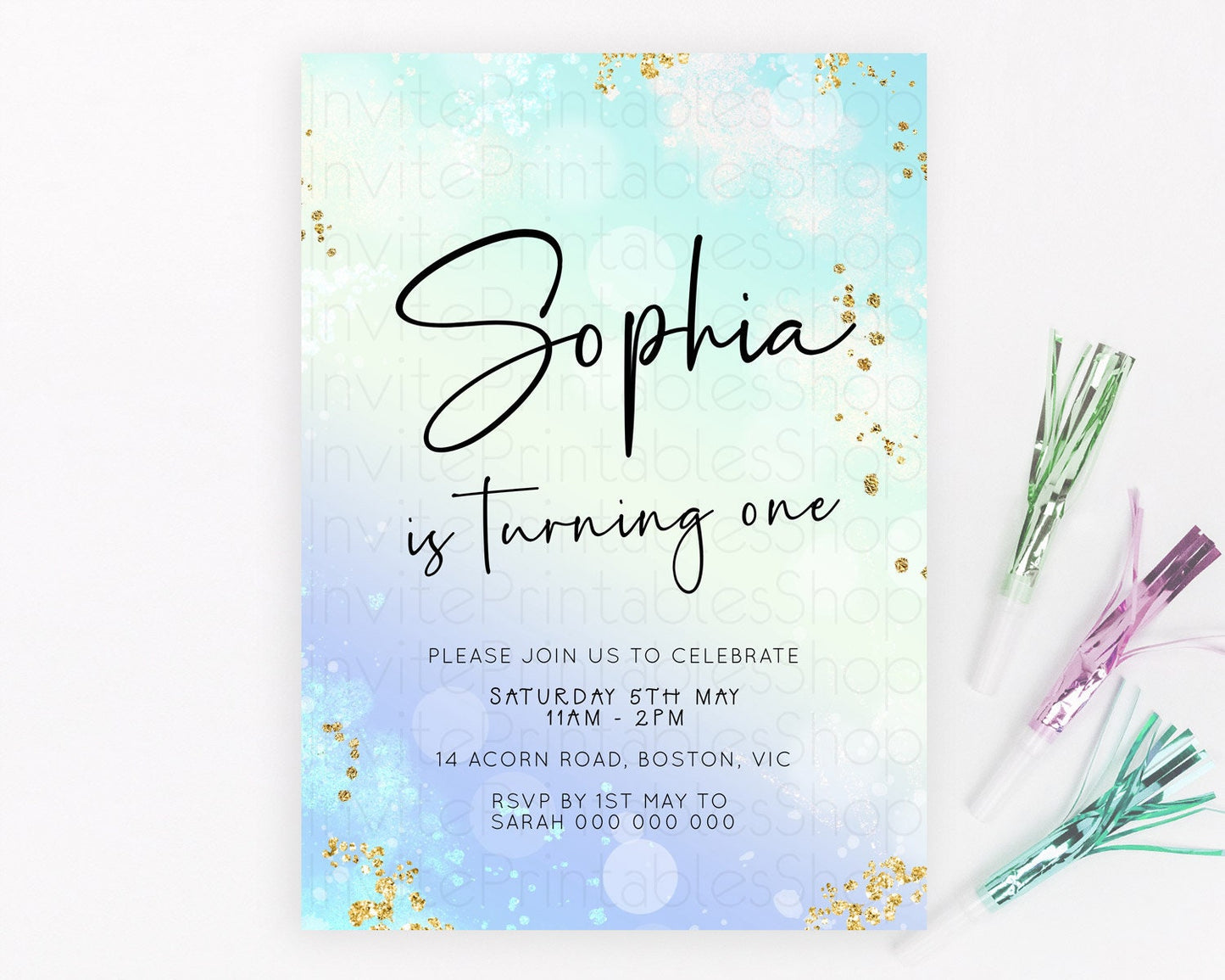 Pastel Birthday Invitation Ombre Watercolor Birthday Invitation Glitter Rainbow Color Splash 1st 2nd 3rd Birthday Invitation D23099