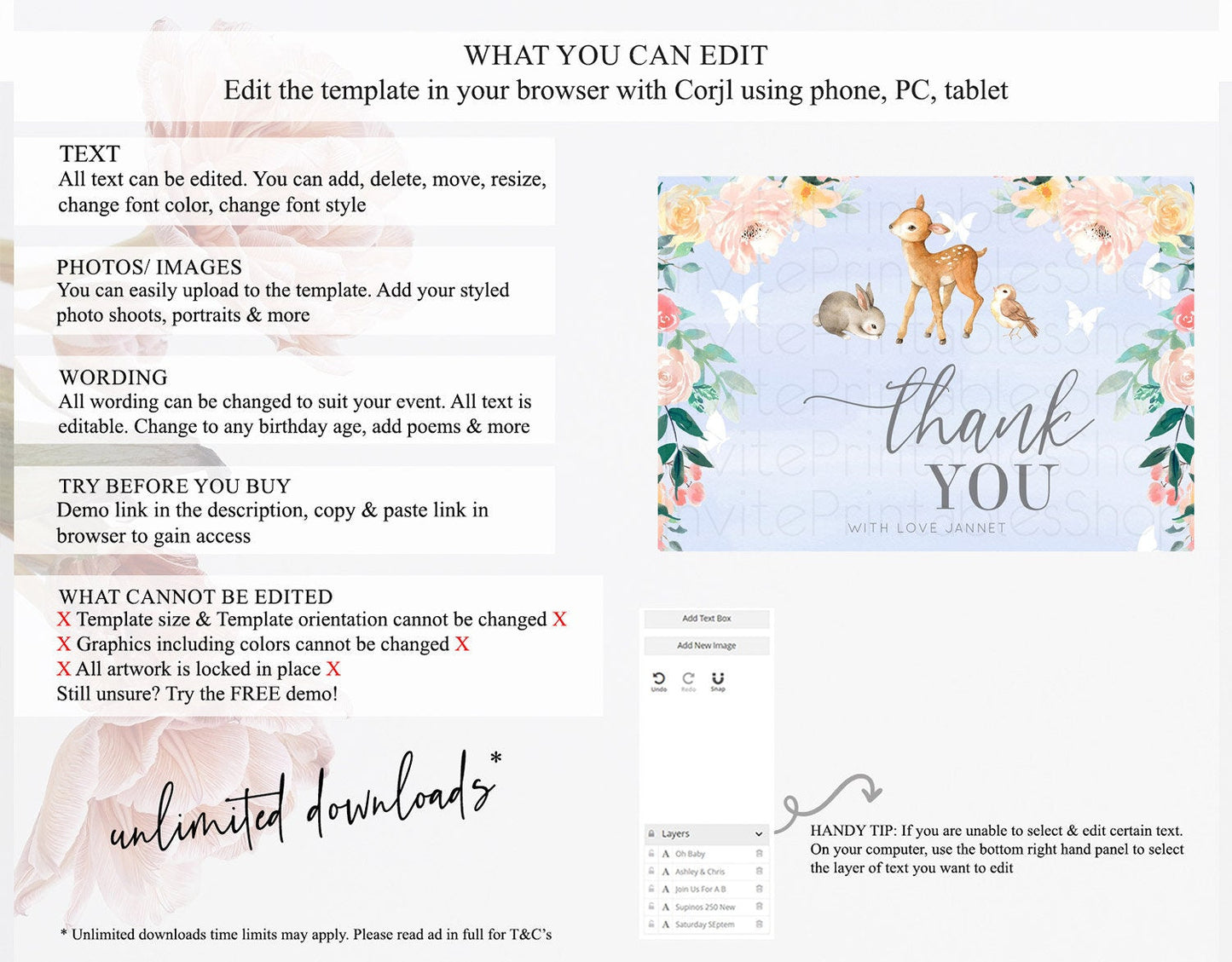 Fawn Thank You Deer Thank You Card Pastel Floral Deer Birthday Thank You Card Enchanted Forest Butterfly Deer Teacher Thank You Card D10920