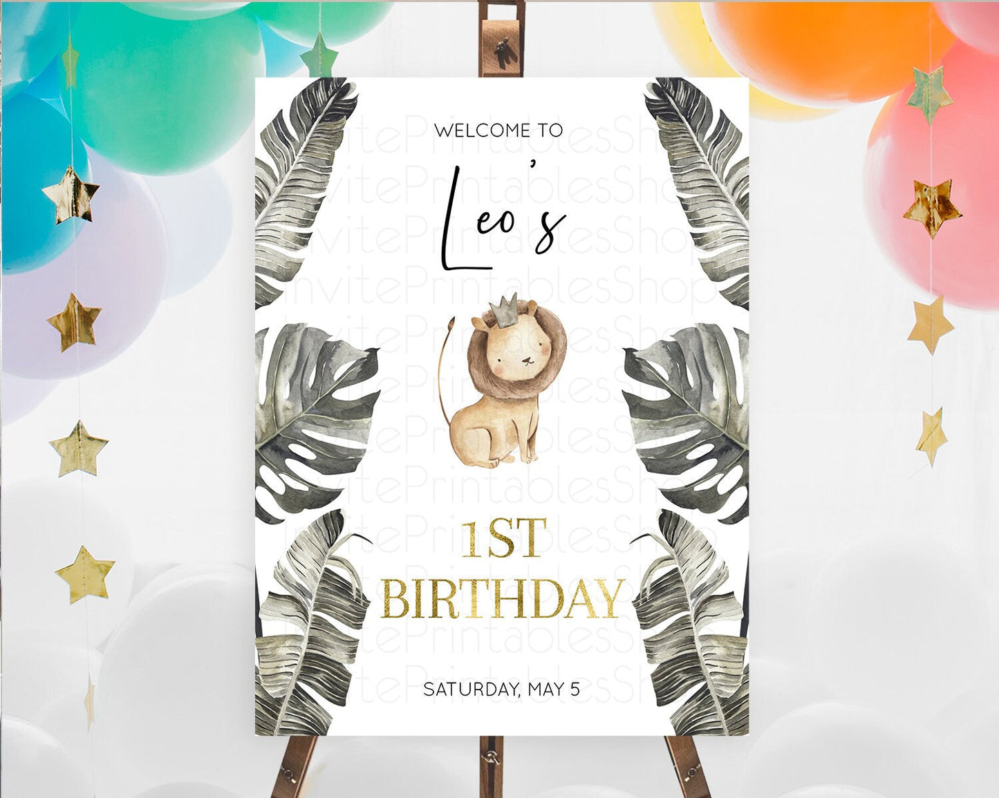 Lion Welcome Sign Lion Welcome Board Lion Party Welcome Poster Dried Palm Fern Safari Party Decor Lion First Birthday Welcome Sign D10599