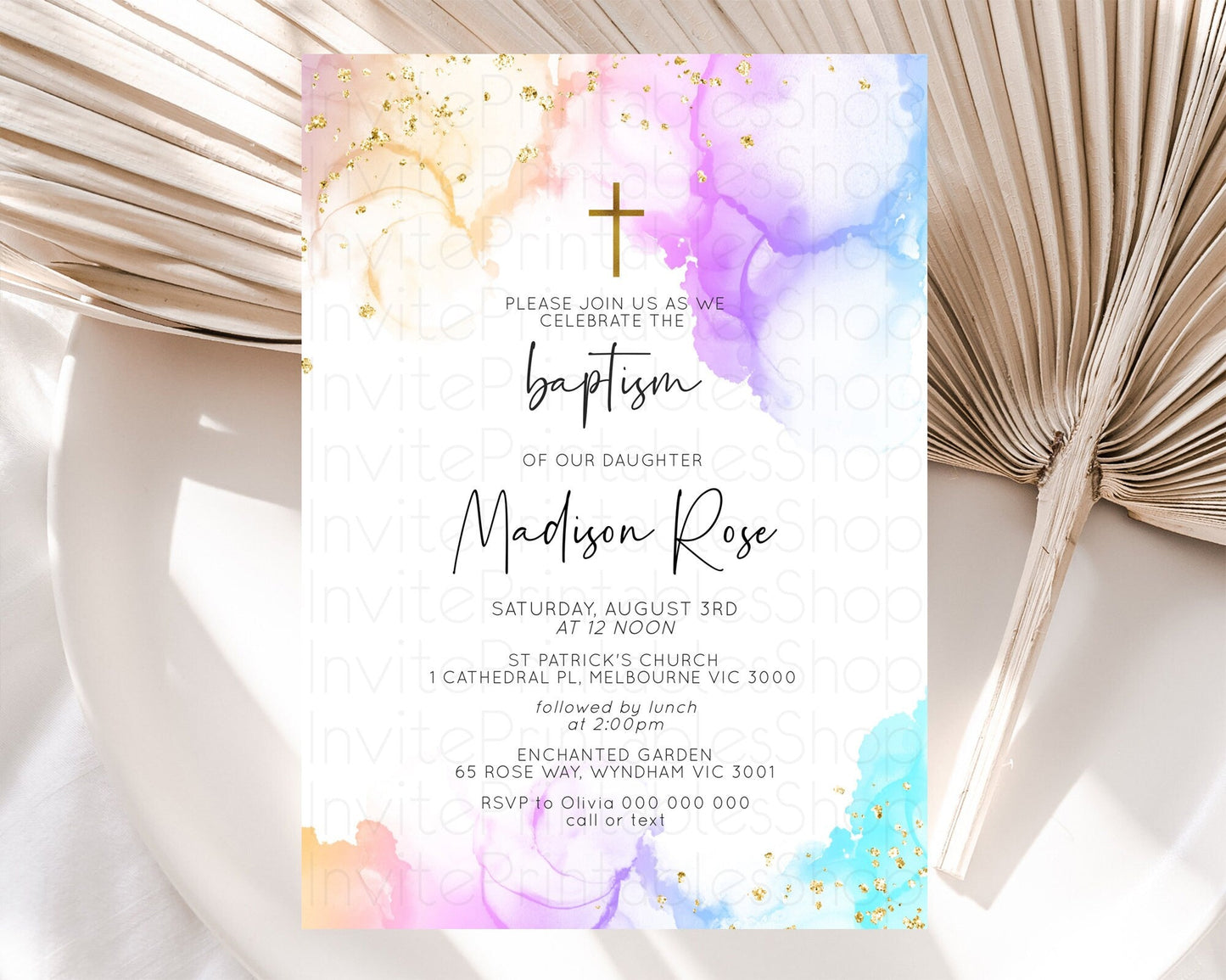 Pastel Baptism Invitation Pastel Colors Watercolor Baptism 1st Birthday Party Gold Ombre Pastel Rainbow Christening Holy Communion D10180
