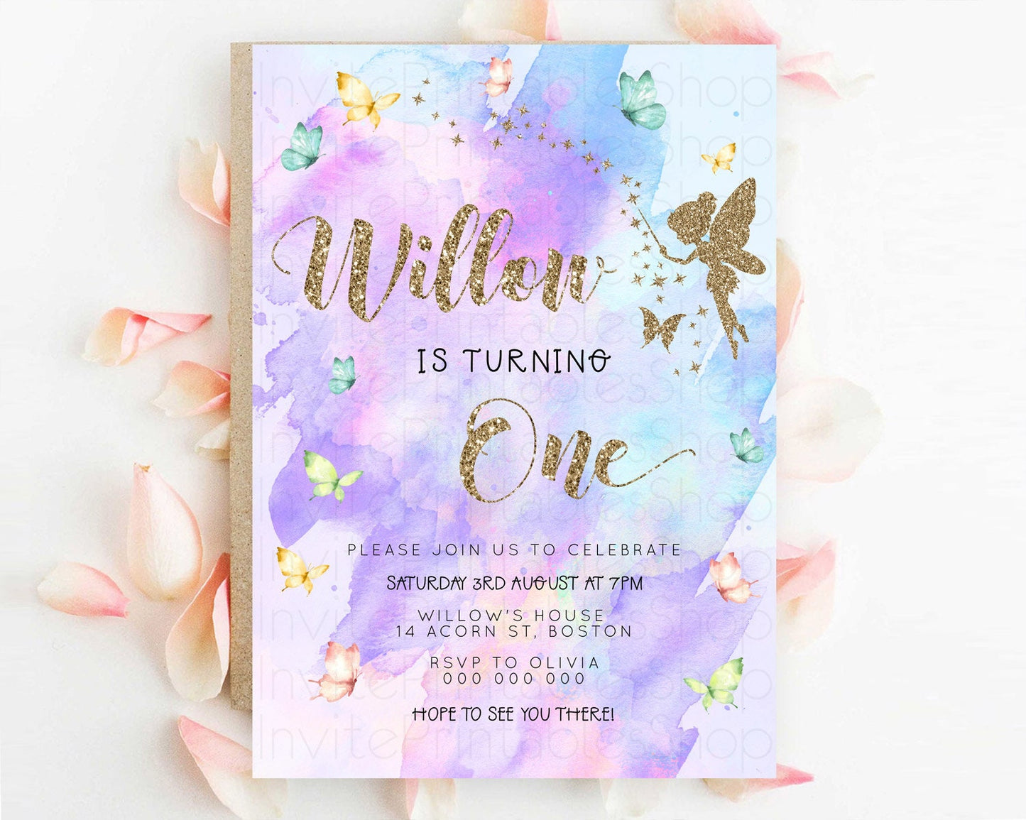 Pastel Fairy Birthday Invitation Pastel Butterflies Fairy Birthday Invitation Rainbow Ombre Watercolor 1st 2nd Birthday Invitation D23343