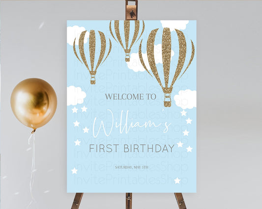 Hot Air Balloon First Birthday Welcome Board Hot Air Balloon Welcome Board Adventure Awaits Watercolor First Birthday Welcome Sign D10332