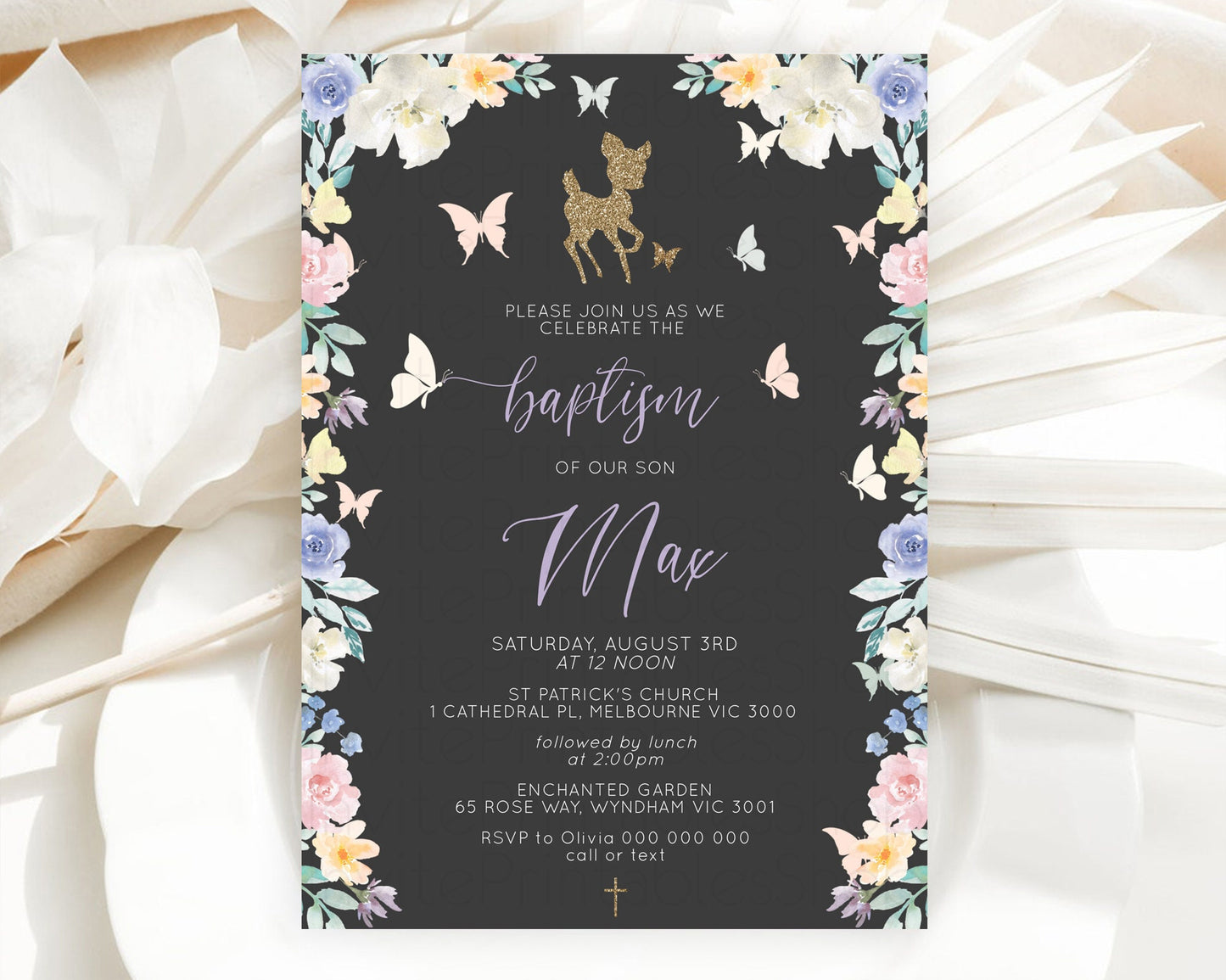 Fawn Baptism Invitation Deer Baptism 1st Birthday Invitation Enchanted Forest Christening Invitation Pastel Garden Butterfly Floral D10323