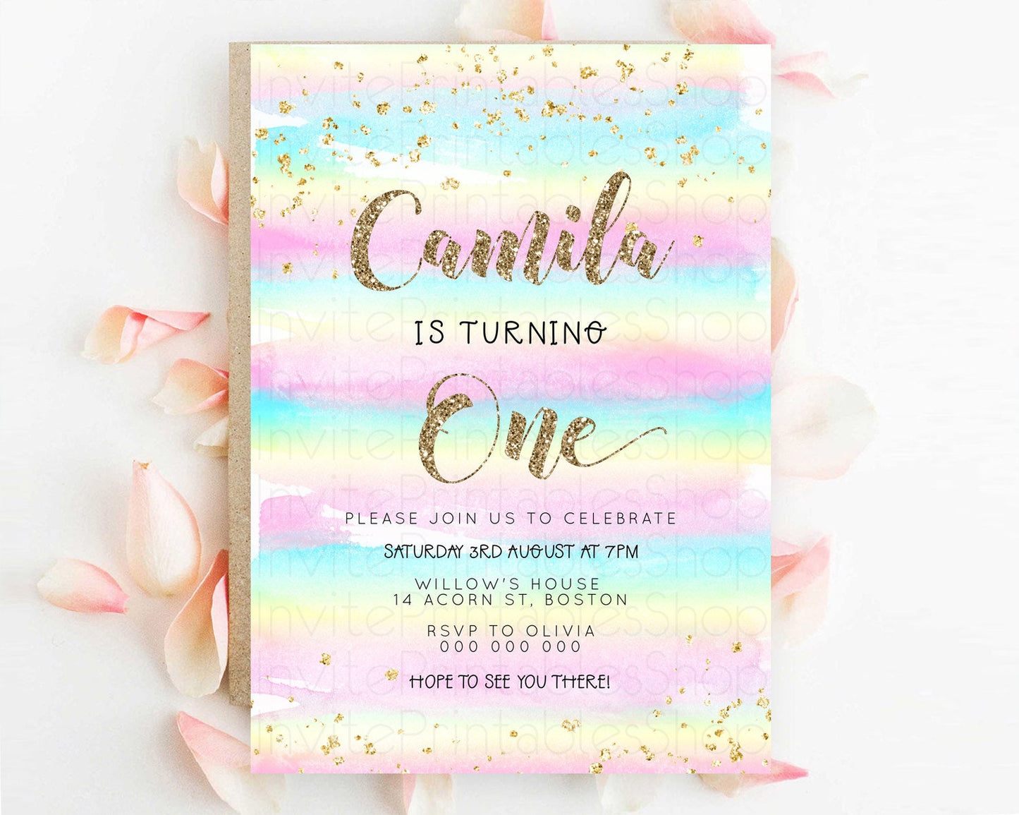 Rainbow Birthday Invitation Colorful Pastel Watercolor Invitation Gold Glitter Sprinkles Ombre Pastel 1st 2nd 3rd Birthday D23265