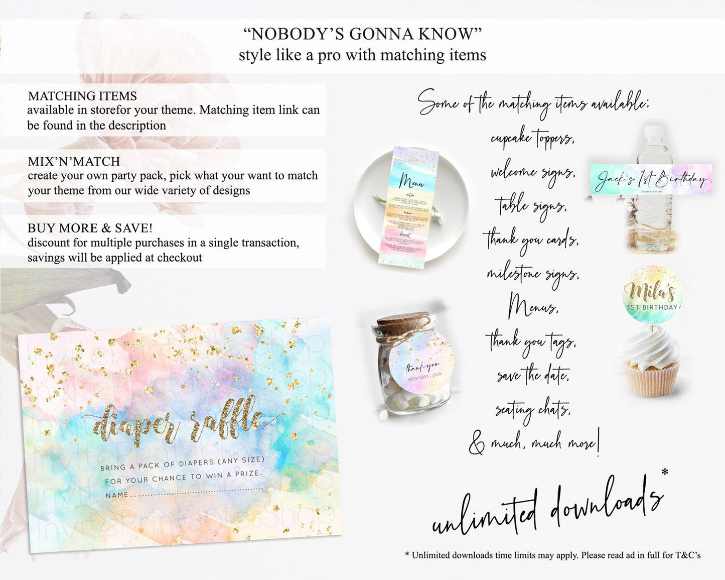 Pastel Diaper Raffle Card Pastel Rainbow Diaper Raffle Insert Colorful Ombre Watercolor Diaper Ticket Confetti Glitter Raffle Game D10261