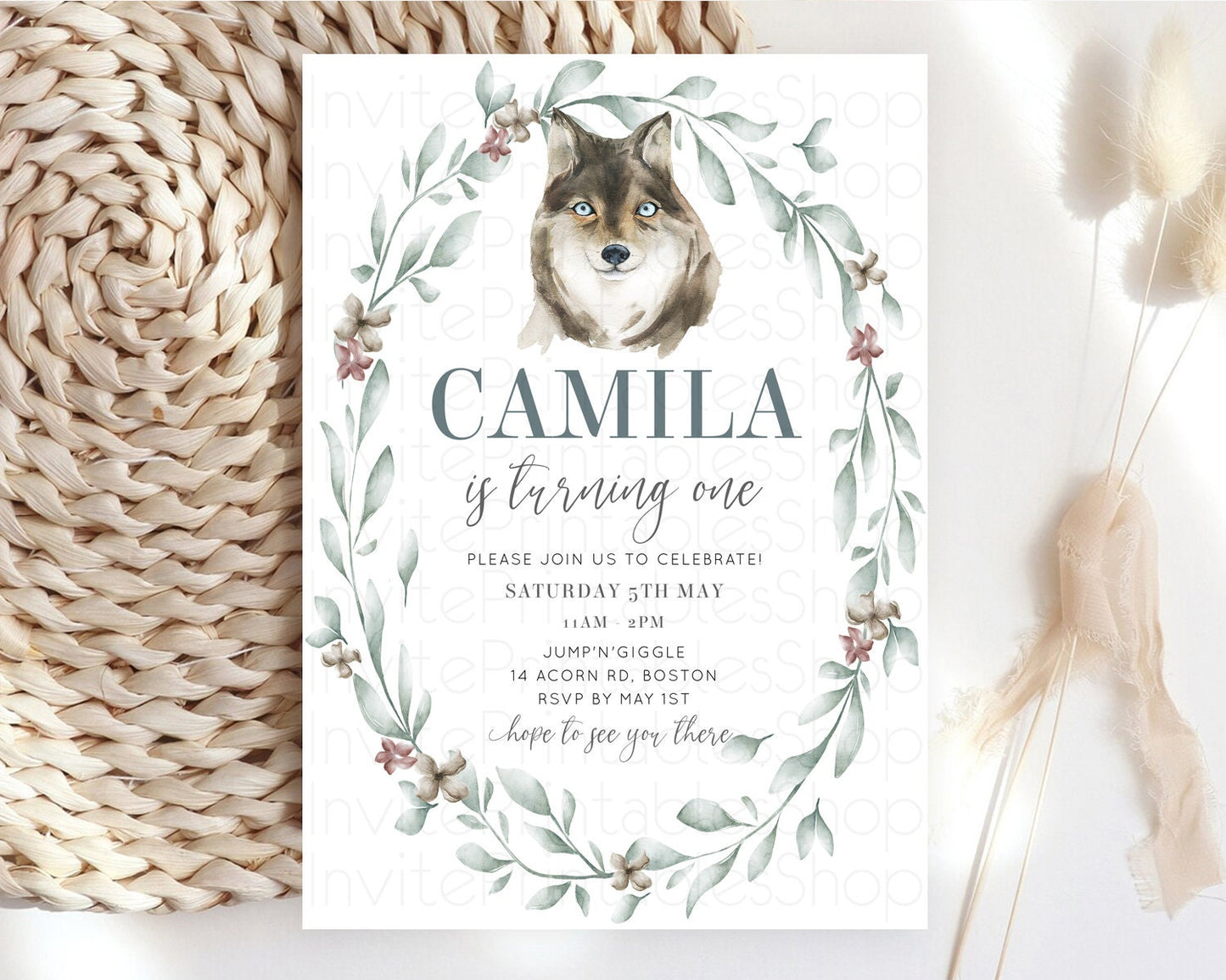 Wolf Birthday Invitation Wolf Invitation Pastel Wolf Birthday Enchanted Forest Woods Wolf Floral Invitation Howling Birthday Party 100204