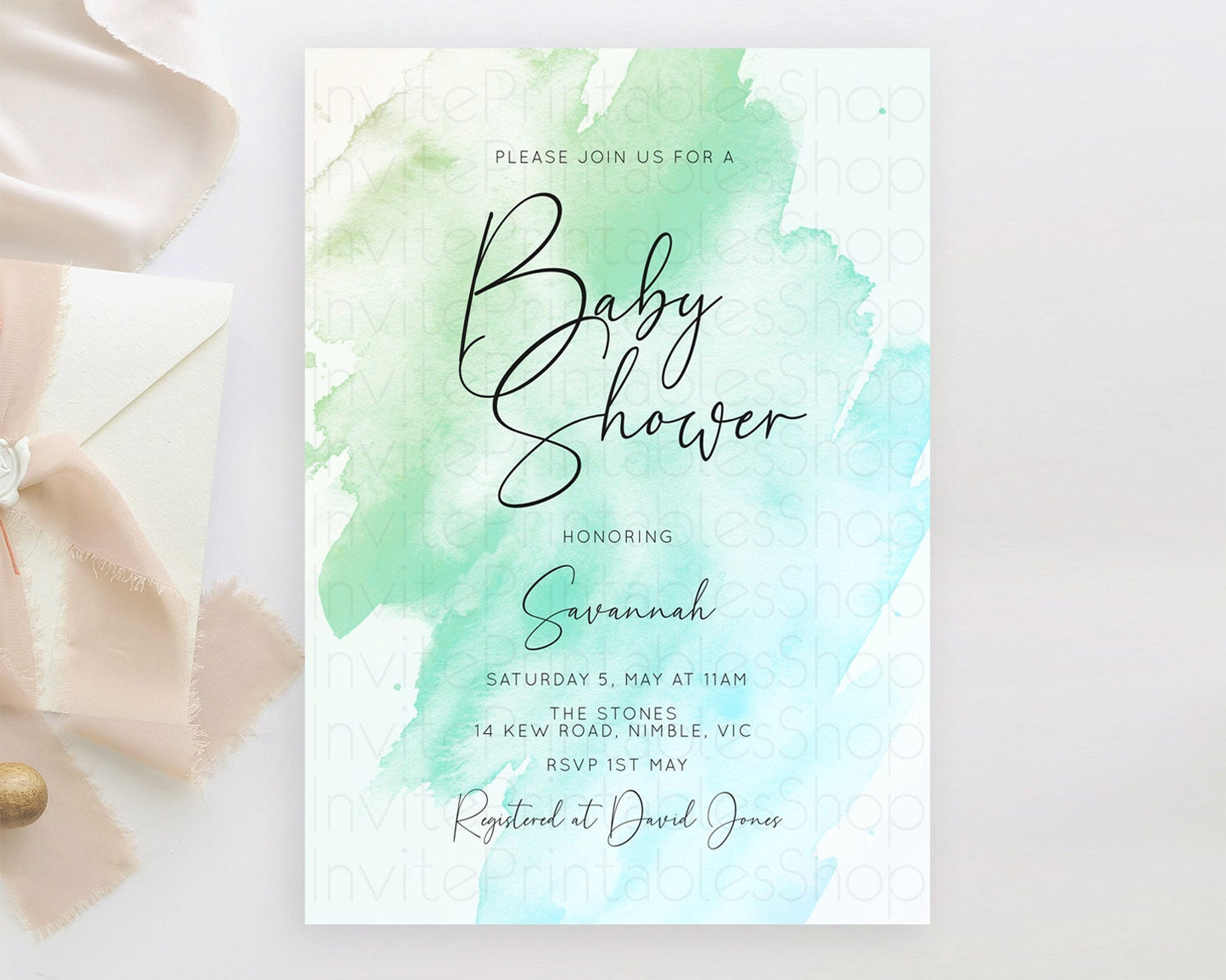 Green Baby Shower Invitation Green Watercolor Baby Shower Invitation Pastel Green Watercolor Invitation Green Splash Gold Invitation D10166