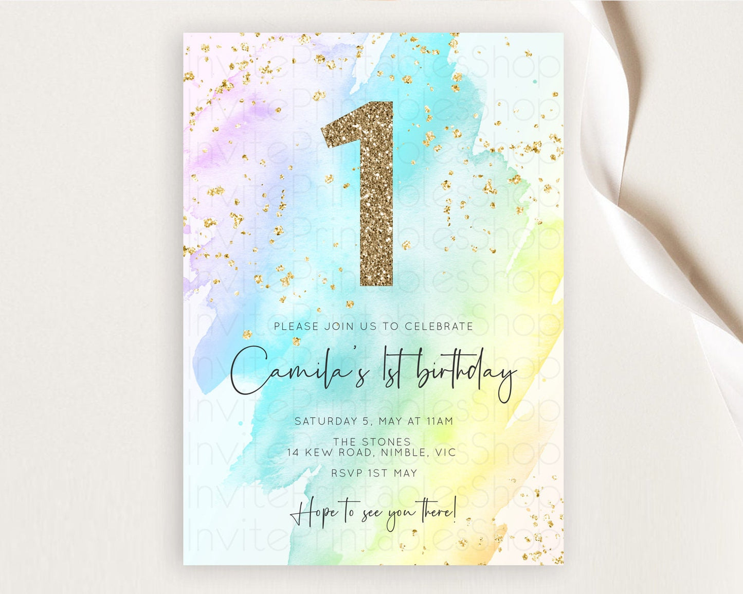 Rainbow Birthday Invitation Colorful Pastel Watercolor Invitation Gold Glitter Sprinkles Ombre Pastel 1st 2nd 3rd Birthday D10171