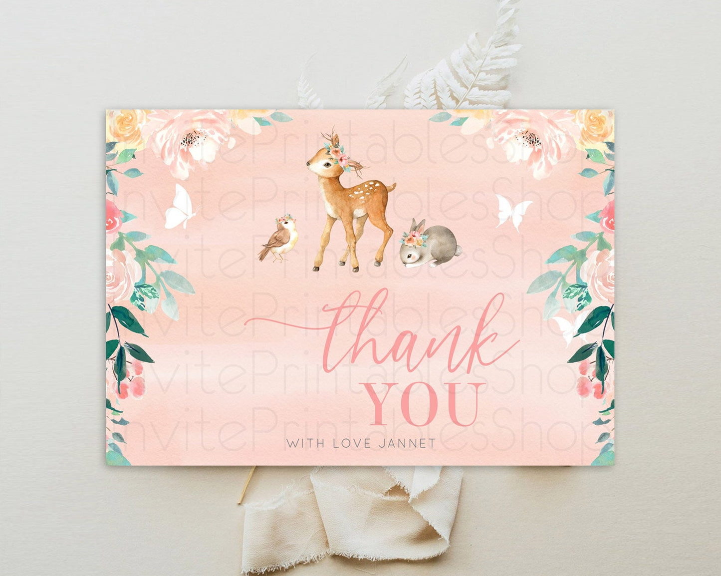 Fawn Thank You Deer Thank You Card Pastel Floral Deer Birthday Thank You Card Enchanted Forest Butterfly Deer Teacher Thank You Card D10921