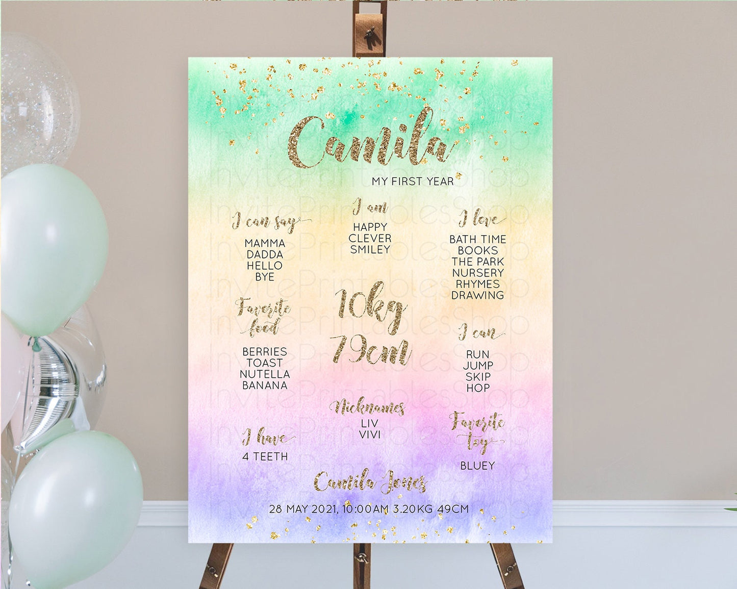 Pastel First Birthday Milestone Board Pastel Rainbow Milestone Poster Colorful Confetti Watercolor Glitter 1st Birthday Welcome Sign D10478
