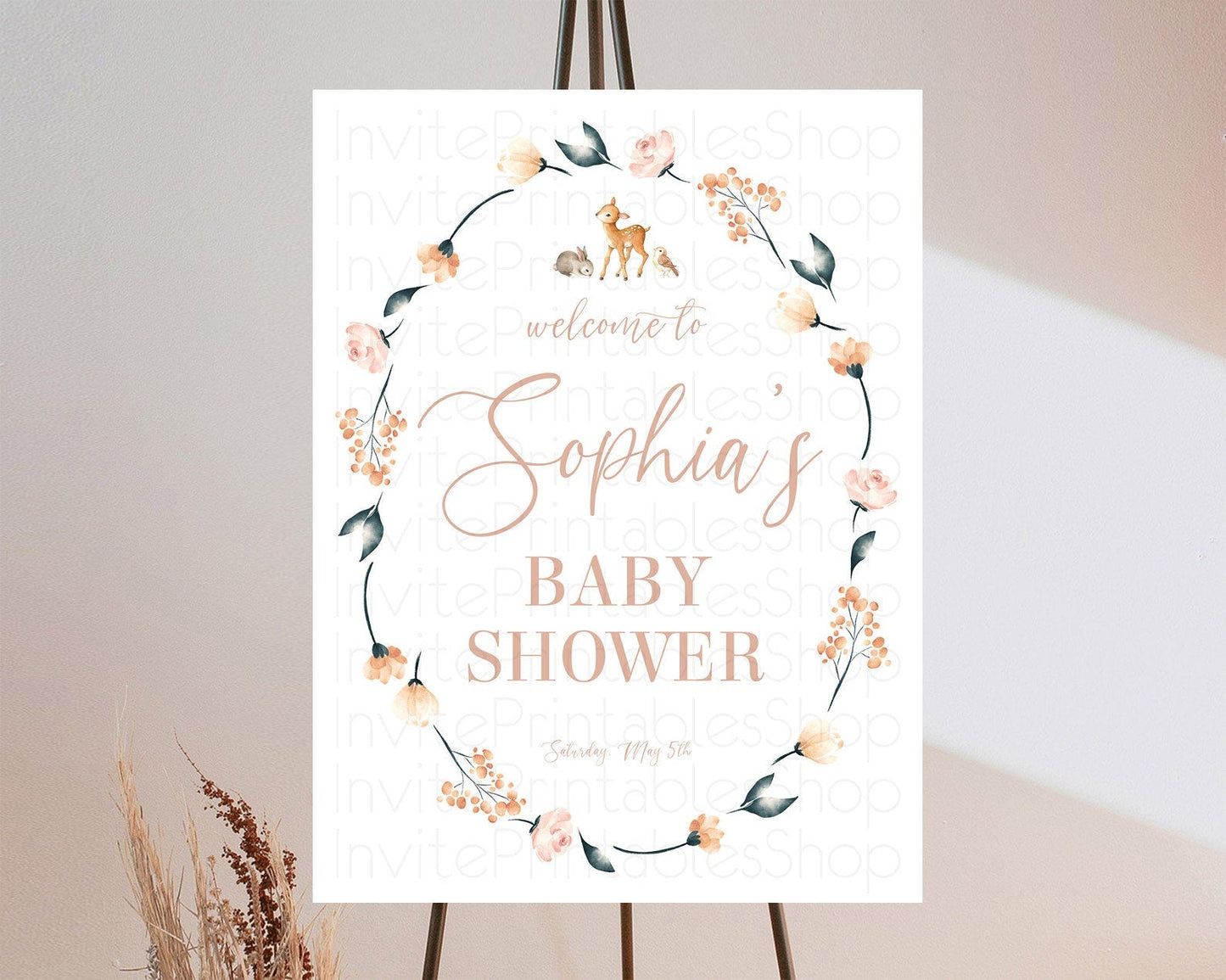 Fawn Baby Shower Welcome Sign Deer Welcome Board Floral Deer Welcome Poster Enchanted Forest Butterfly Pastel Floral Welcome Sign D10241