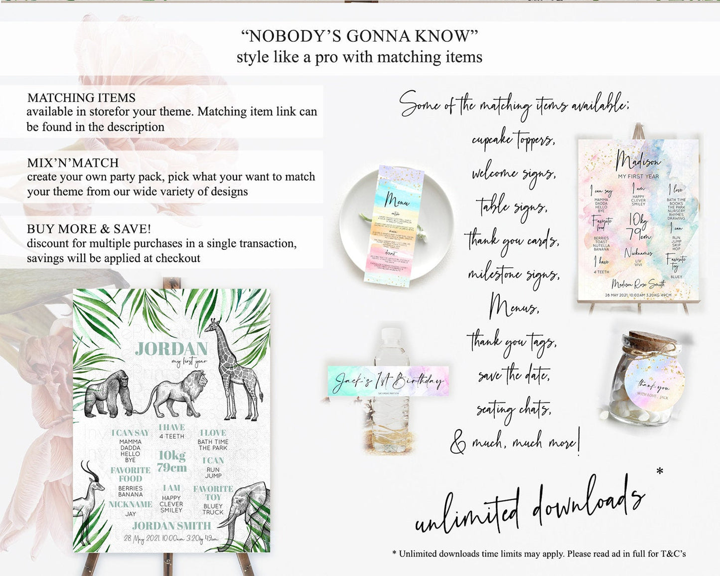 Safari First Birthday Milestone Poster Lion Gorilla Elephant Rhino Tropical Palm Jungle Zoo Party Animal 1st Birthday Welcome Sign D10853
