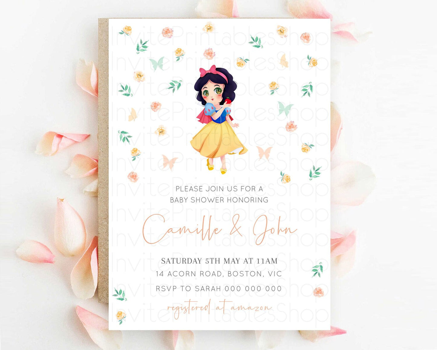 Princess Baby Shower Invitation: Enchanted Garden, Castle, Royal Baby, Secret Garden, Butterflies - Floral Orange Green Theme D10356