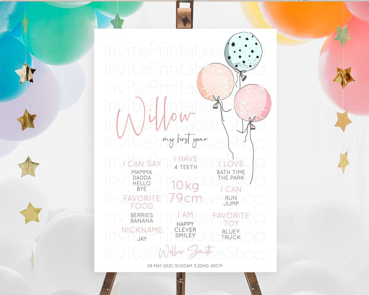 Pastel Balloons First Birthday Milestone Board Colorful Balloon Milestone Poster Rainbow Balloon Confetti 1st Birthday Welcome Sign D10868