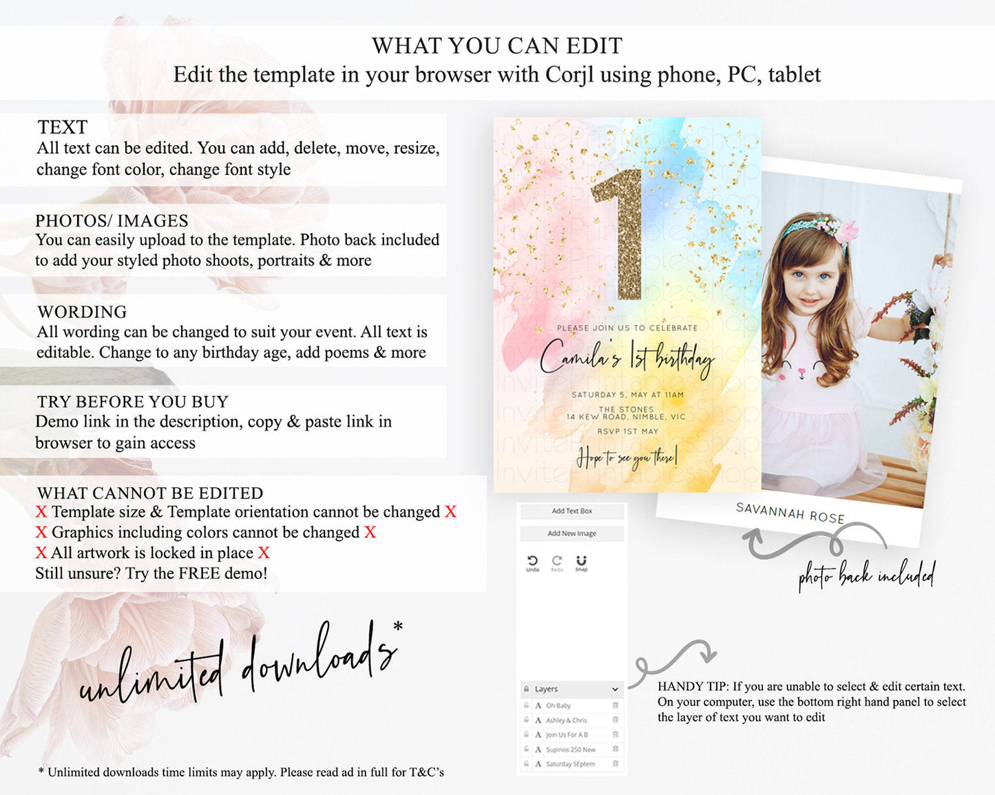 Rainbow Birthday Invitation Colorful Pastel Watercolor Invitation Gold Glitter Sprinkles Ombre Pastel 1st 2nd 3rd Birthday D10557