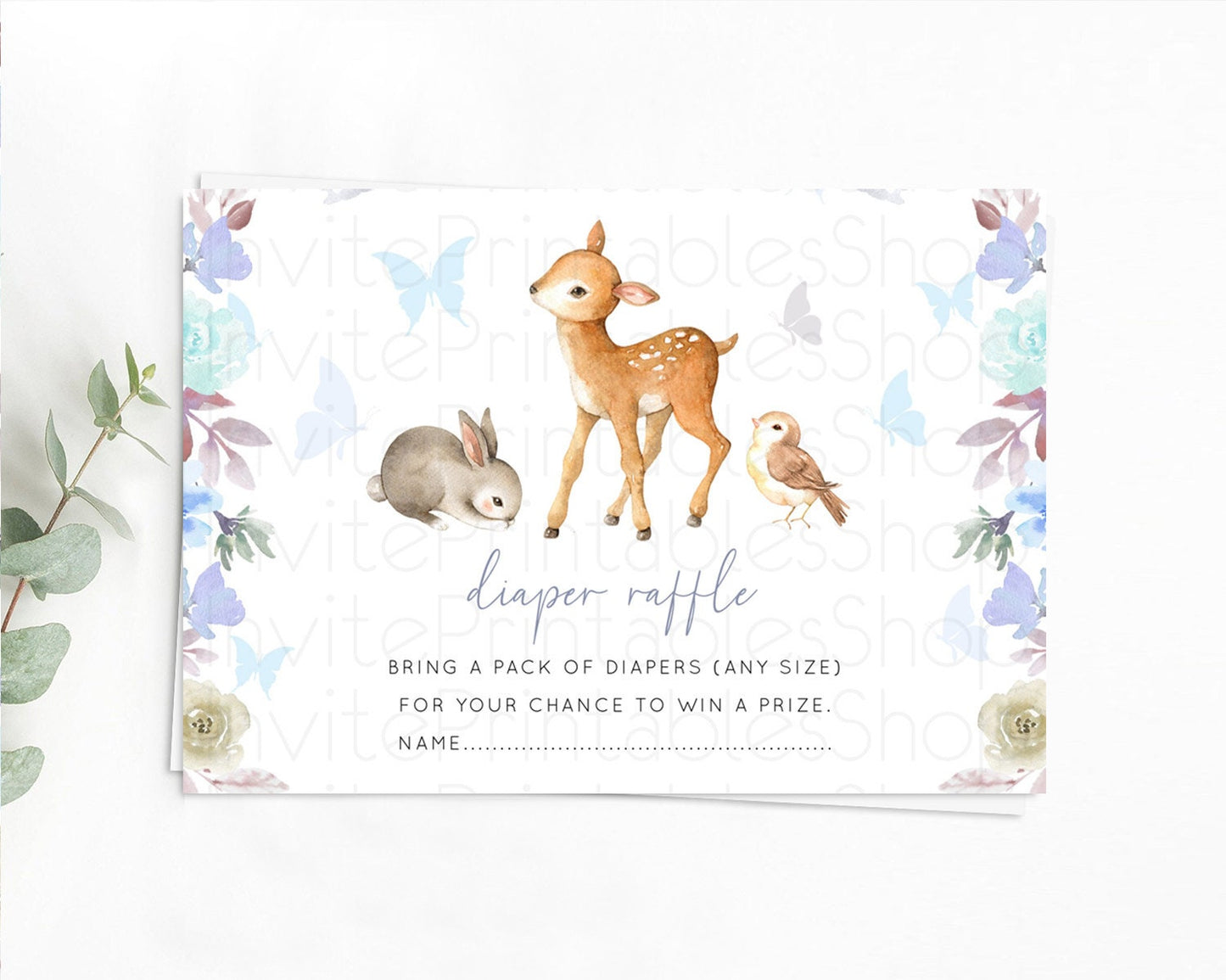 Fawn Diaper Raffle Card Deer Diaper Insert Floral Deer Diaper Ticket Enchanted Forest Butterfly Pastel Baby Shower Raffle Game D10929