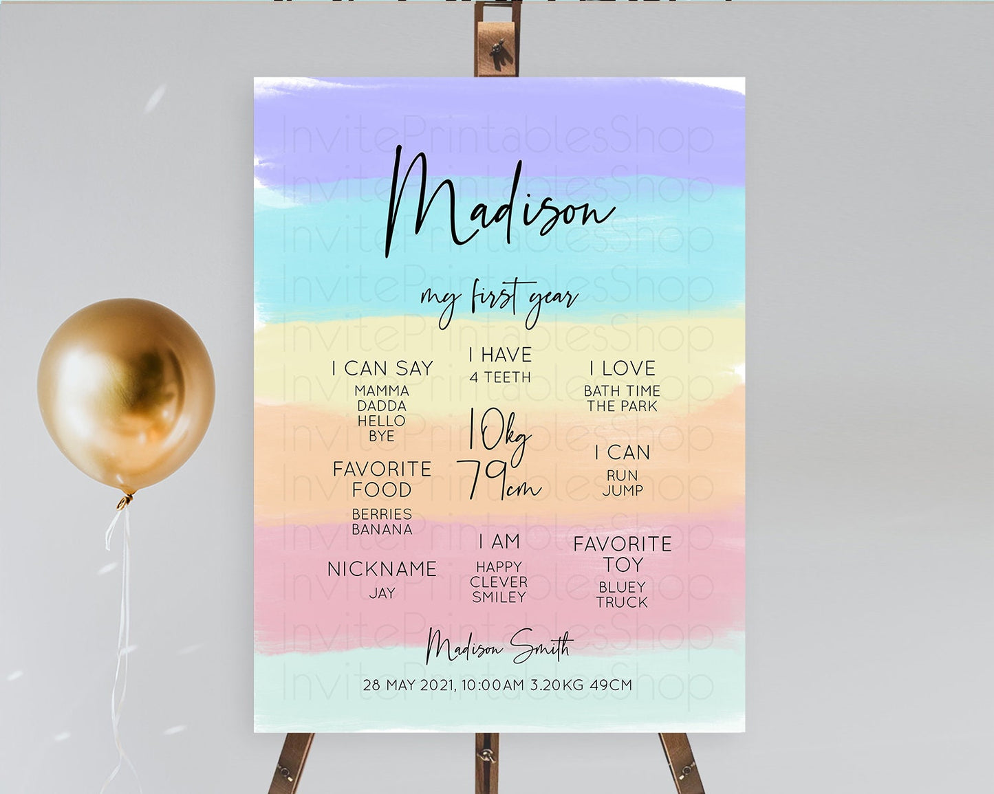 Pastel First Birthday Milestone Board Pastel Rainbow Milestone Poster Colorful Confetti Watercolor Glitter 1st Birthday Welcome Sign D10510