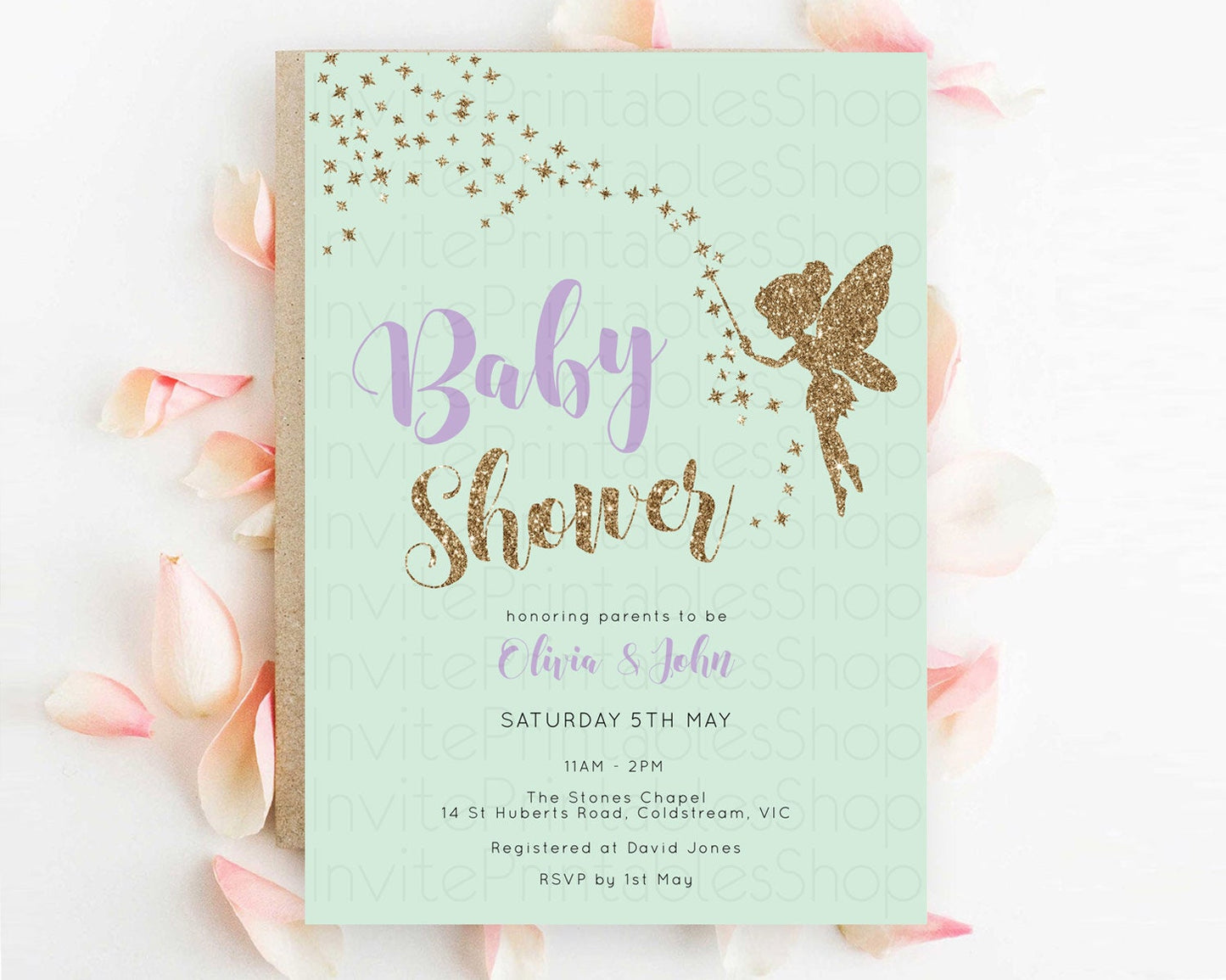 Fairy Baby Shower Invitation, Enchanted Garden, Secret Garden, Pastel Green, Glittering Magic, Pixie Dust, Whimsical Fairy, Butterfly D10908