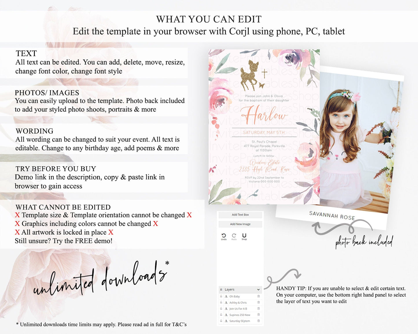 Fawn Baptism Invitation Deer Baptism 1st Birthday Invitation Enchanted Forest Christening Invitation Pastel Garden Butterfly Floral D10196