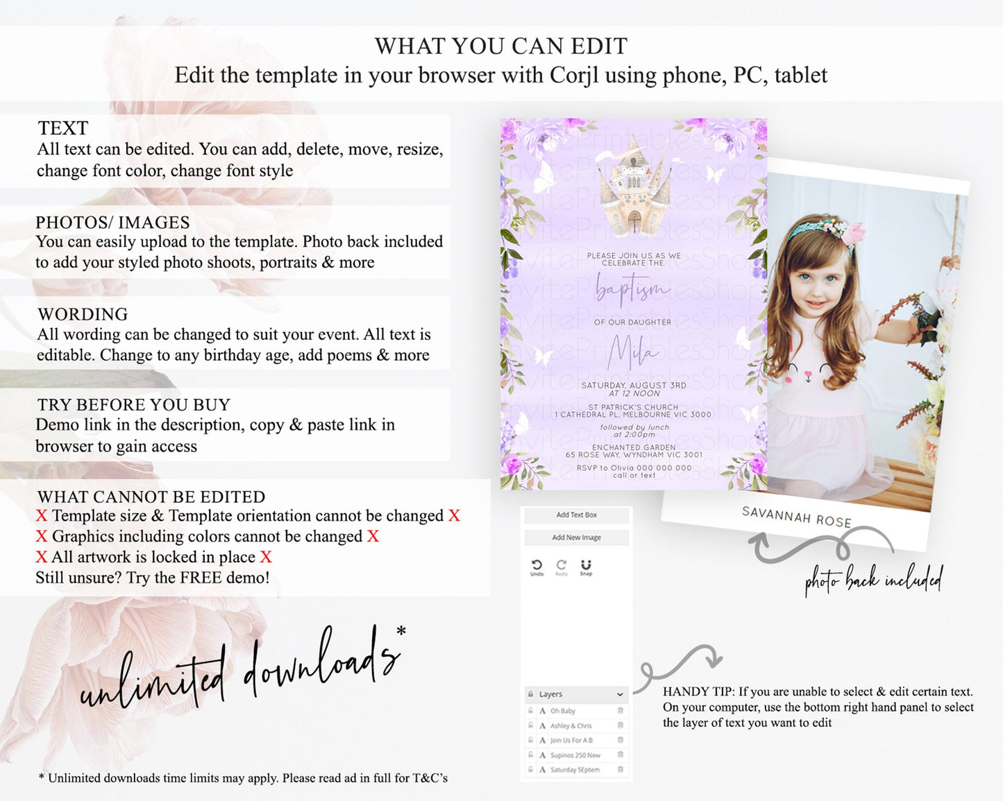 Princess Baptism Invitation Enchanted Castle Baptism 1st Birthday Invitation Royal Party Pastel Floral Secret Garden Christening D10339