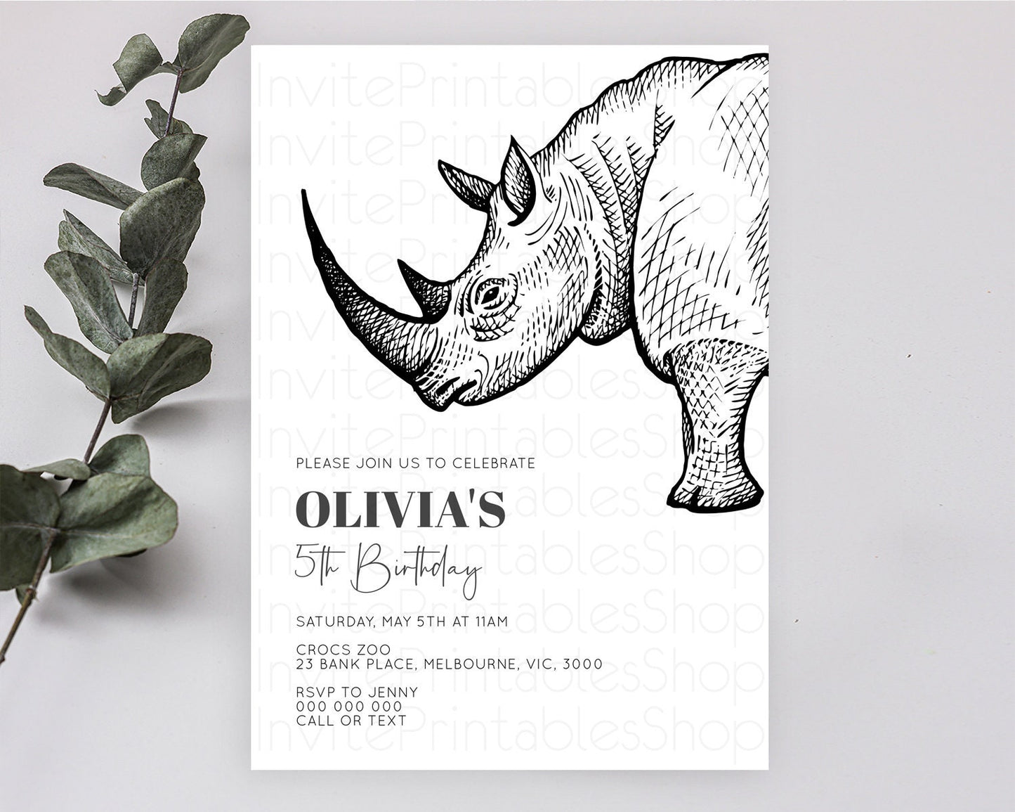 Rhino Birthday Invitation Rhino Invitation Rhino Birthday Rhino Safari Adventure Invite Rhino Palm Leaf Invite Zoo Party D10253