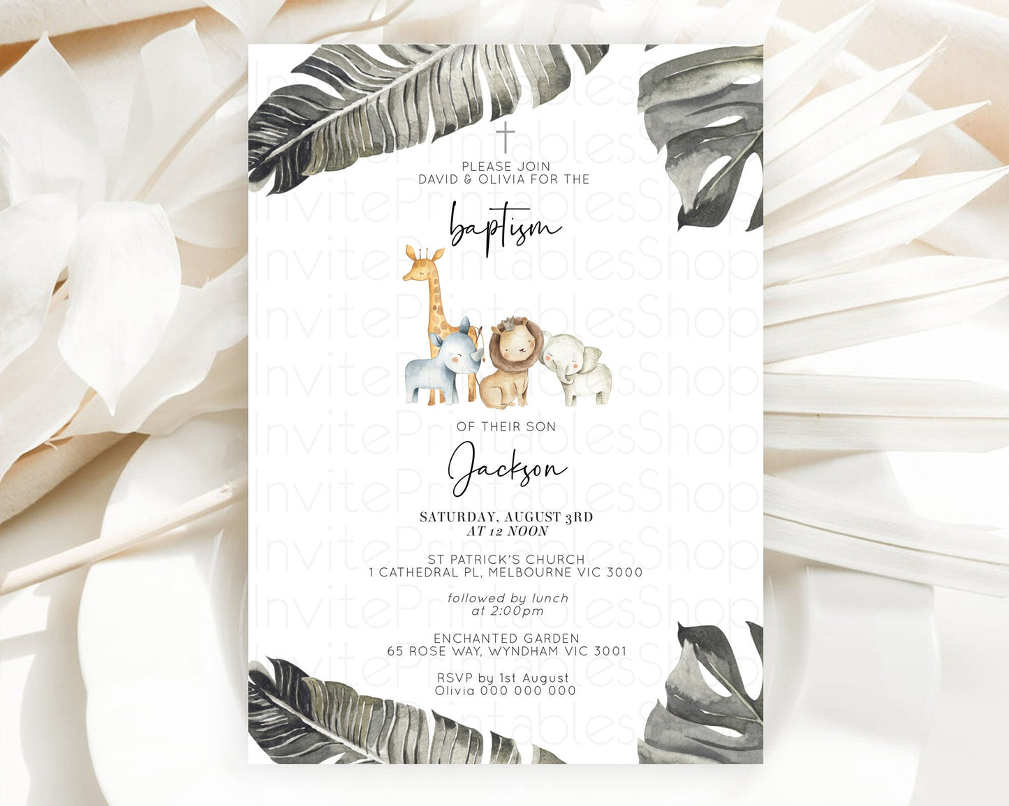 Safari Baptism Invitation Safari Adventure Baptism Birthday Invitation Lion Gorilla Elephant Rhino Tropical Palm Jungle Adventure D10599