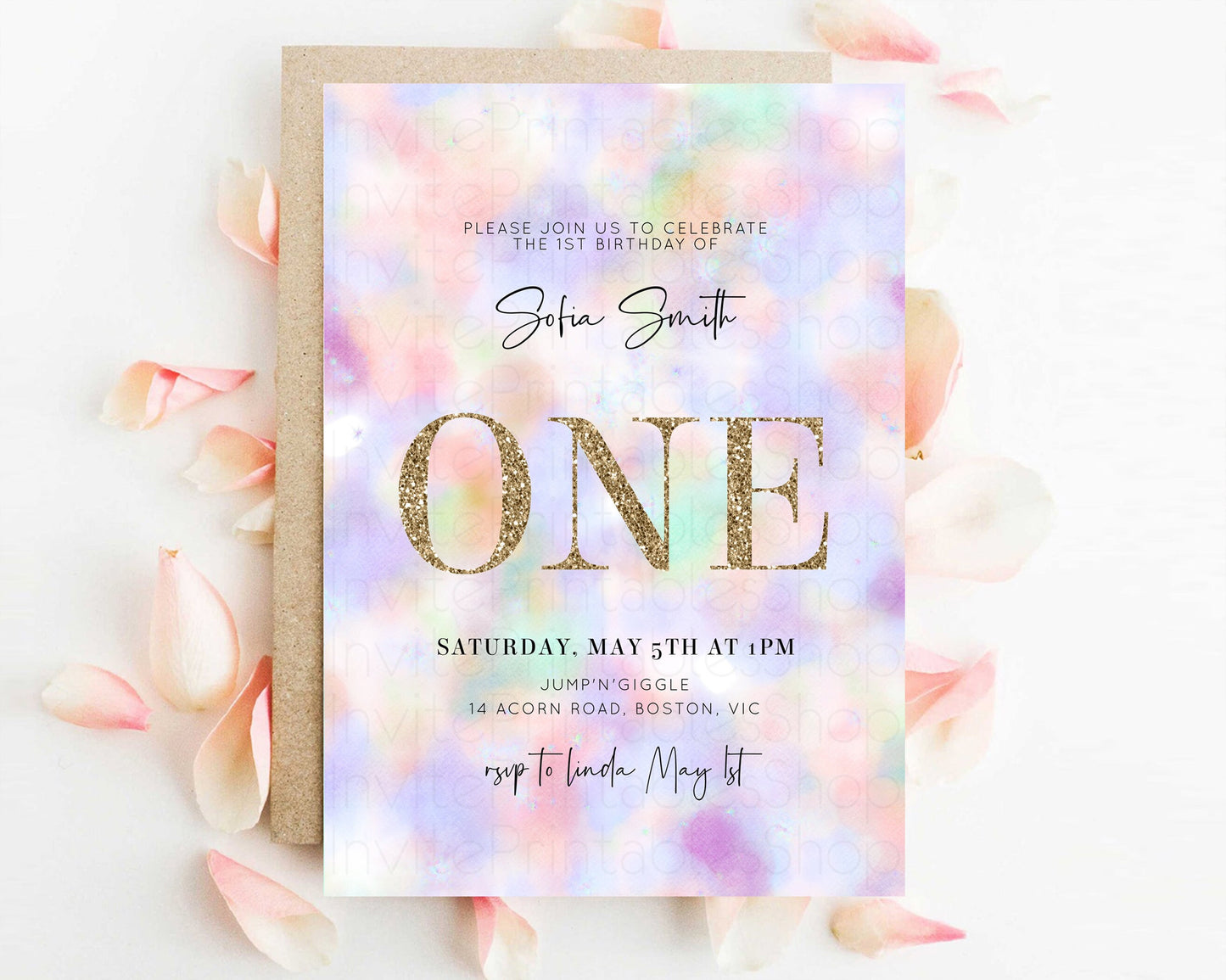 Rainbow Birthday Invitation Pastel Birthday Invite Ombre Watercolor Invite Enchanted Theme Colorful Splash Glitter Sprinkles 1st 2nd 3rd