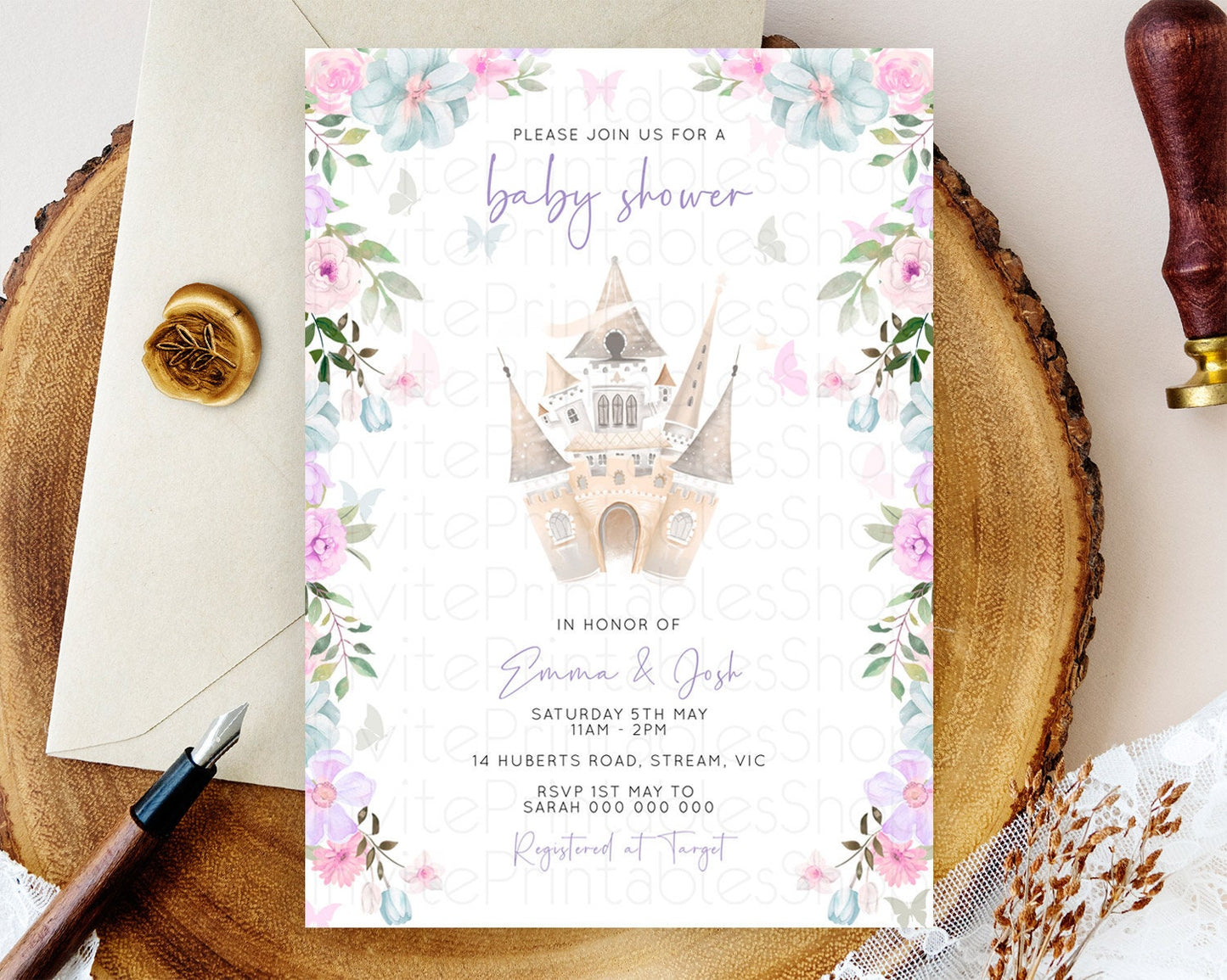 Pastel Princess Baby Shower Invitation Floral Castle Invitation Royal Baby Invite Enchanted Castle Pastel Flower Garden Baby Shower D10471