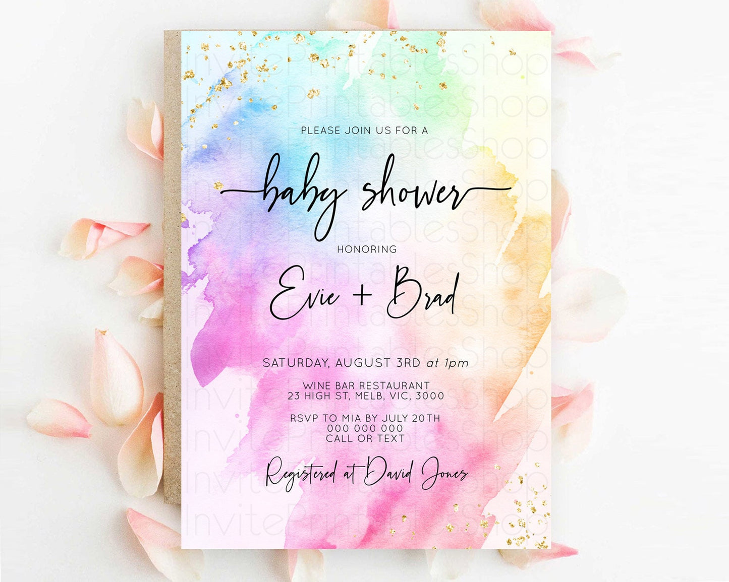 Pastel Baby Shower Invitation Rainbow Baby Shower Invitation Colorful Pastel Watercolor Invitation Gold Glitter Sprinkles Ombre D10449