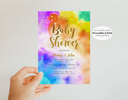 Rainbow Baby Shower Invitation Pastel Watercolor Invitation Tie dye Invite Gold Sprinkle Invite Gold Glitter Invite Confetti Invite 532