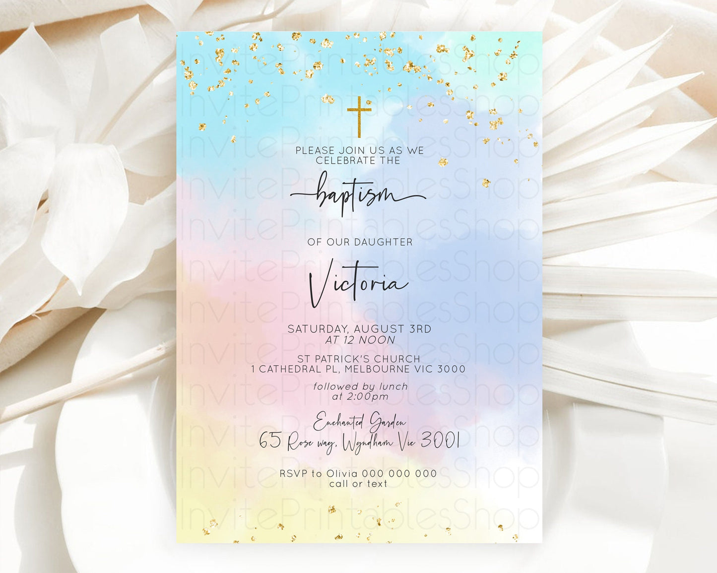 Pastel Baptism Invitation Pastel Colors Watercolor Baptism 1st Birthday Party Gold Ombre Pastel Rainbow Christening Holy Communion D10368