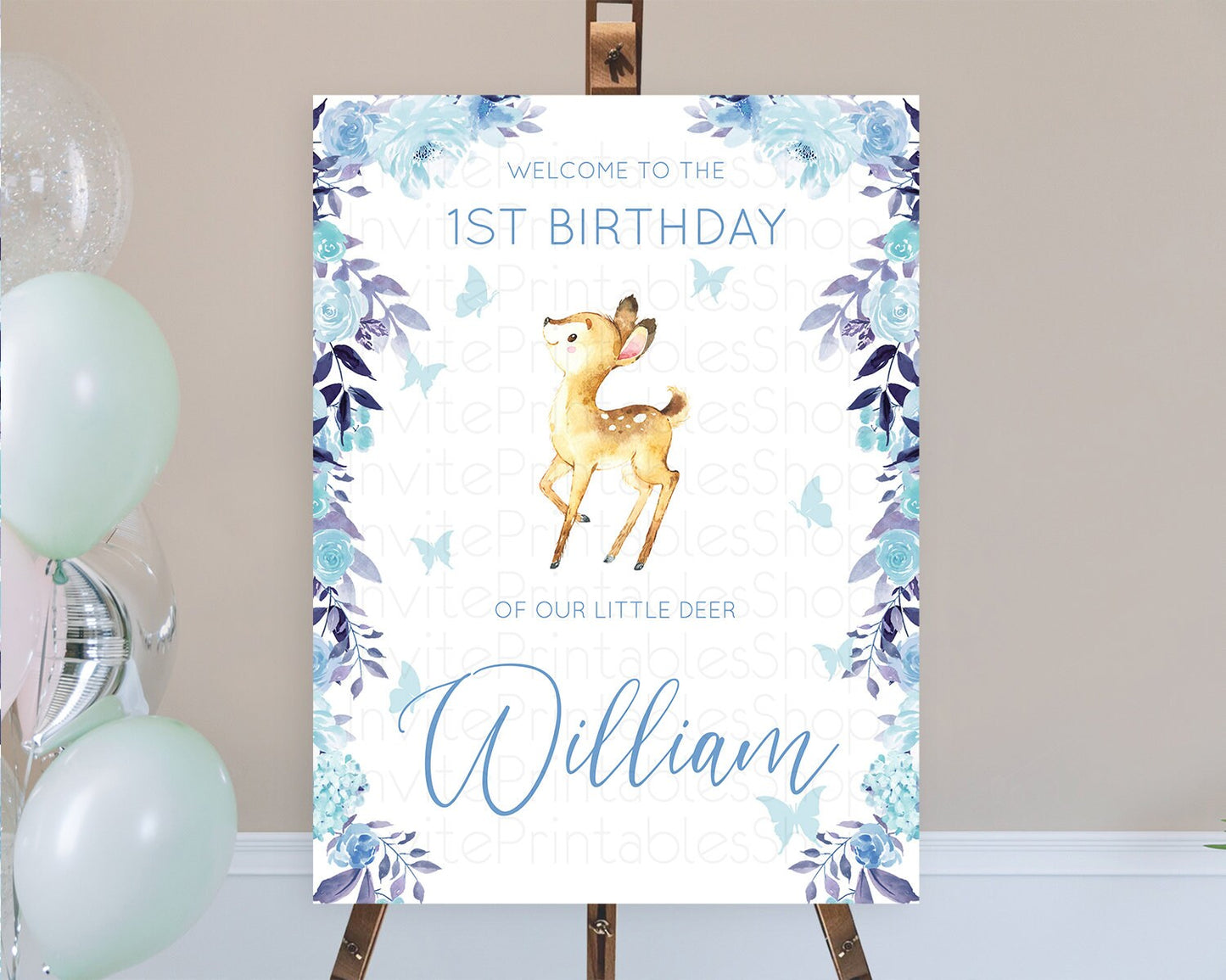 Fawn Welcome Sign Deer Welcome Board Floral Deer Welcome Poster Enchanted Forest Butterfly Pastel Floral First Birthday Welcome Sign D10917