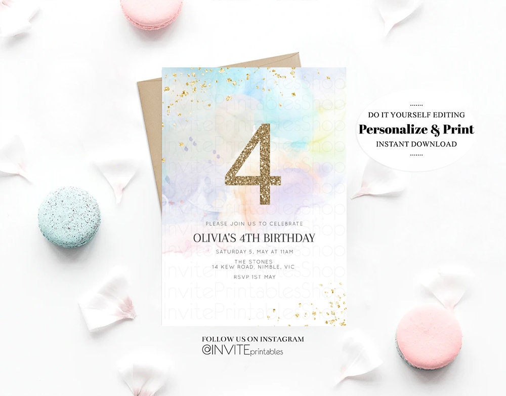 Watercolor Birthday Invitation Colorful Pastel Rainbow Splash Ombre Ink Paint Purple Blue Yellow Glitter Age Number Modern Custom 136