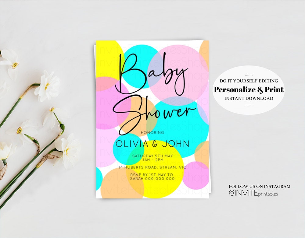 Pastel Baby Shower Invitation Colorful Rainbow Invitation Bubbles Confetti Sprinkles Oh Baby Gender Reveal Neutral Blue Pink Yellow Green