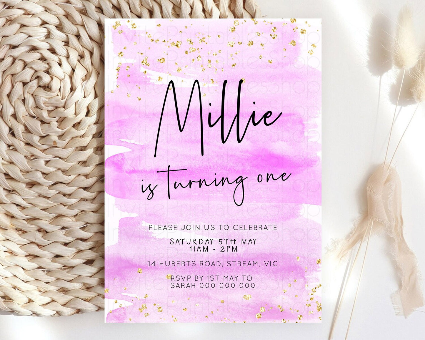 Pink Birthday Invitation pink Watercolor Invitation Pastel pink Watercolor Invitation pink Splash Gold Invitation 1st First Birthday D23048