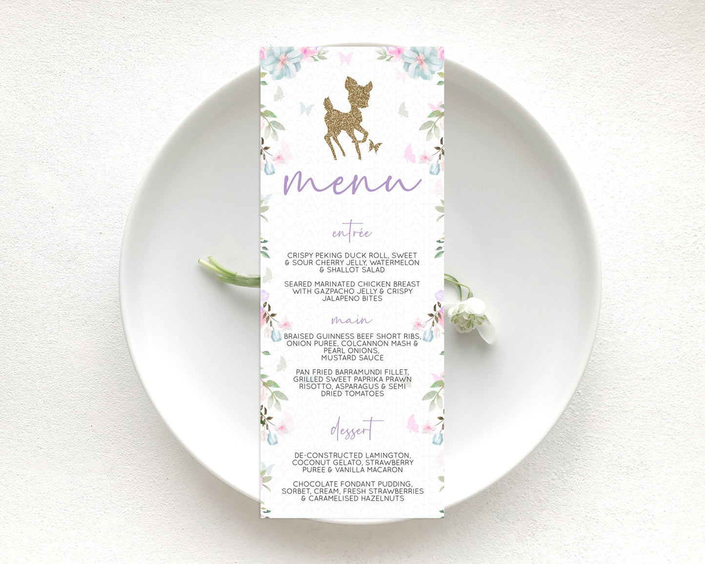 Fawn Menu Deer Menu Template Pastel Floral Deer Table Decor Enchanted Forest Butterfly Floral Dinner Dessert Menu Party Food Menu D10476