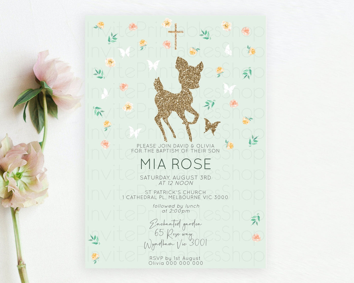 Fawn Baptism Invitation Deer Baptism 1st Birthday Invitation Enchanted Forest Christening Invitation Pastel Garden Butterfly Floral D10385