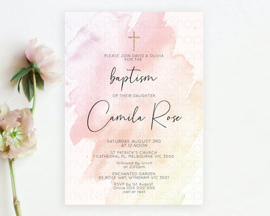 Pink Baptism Invitation Pink Watercolor Baptism 1st Birthday Invitation Pastel Pink Watercolor Christening Invite Pink Splash D10164