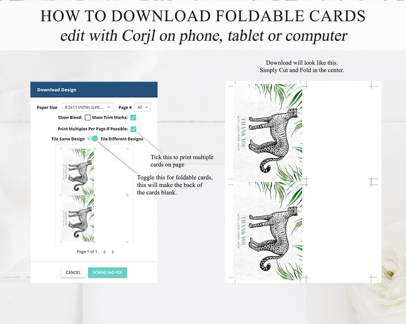 Cheetah Thank You Card Tropical Palm Fern Wild One Safari Jungle Zoo Party Foldable Card Tent Flat Postcard Detail Insert Card Birthday 287