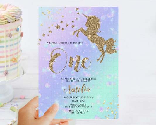 Unicorn Rainbow Birthday Invitation Pastel Birthday Invite Magical Ombre Invite Colorful Watercolor Invite Glitter Sprinkle Party D10951