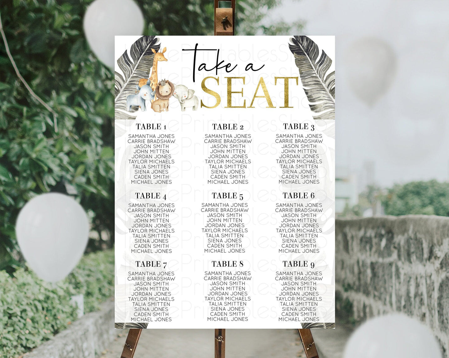Safari Seating Chart Lion Gorilla Elephant Rhino Tropical Palm Decor Jungle Safari Adventure Zoo Take A Seat Sign D10599