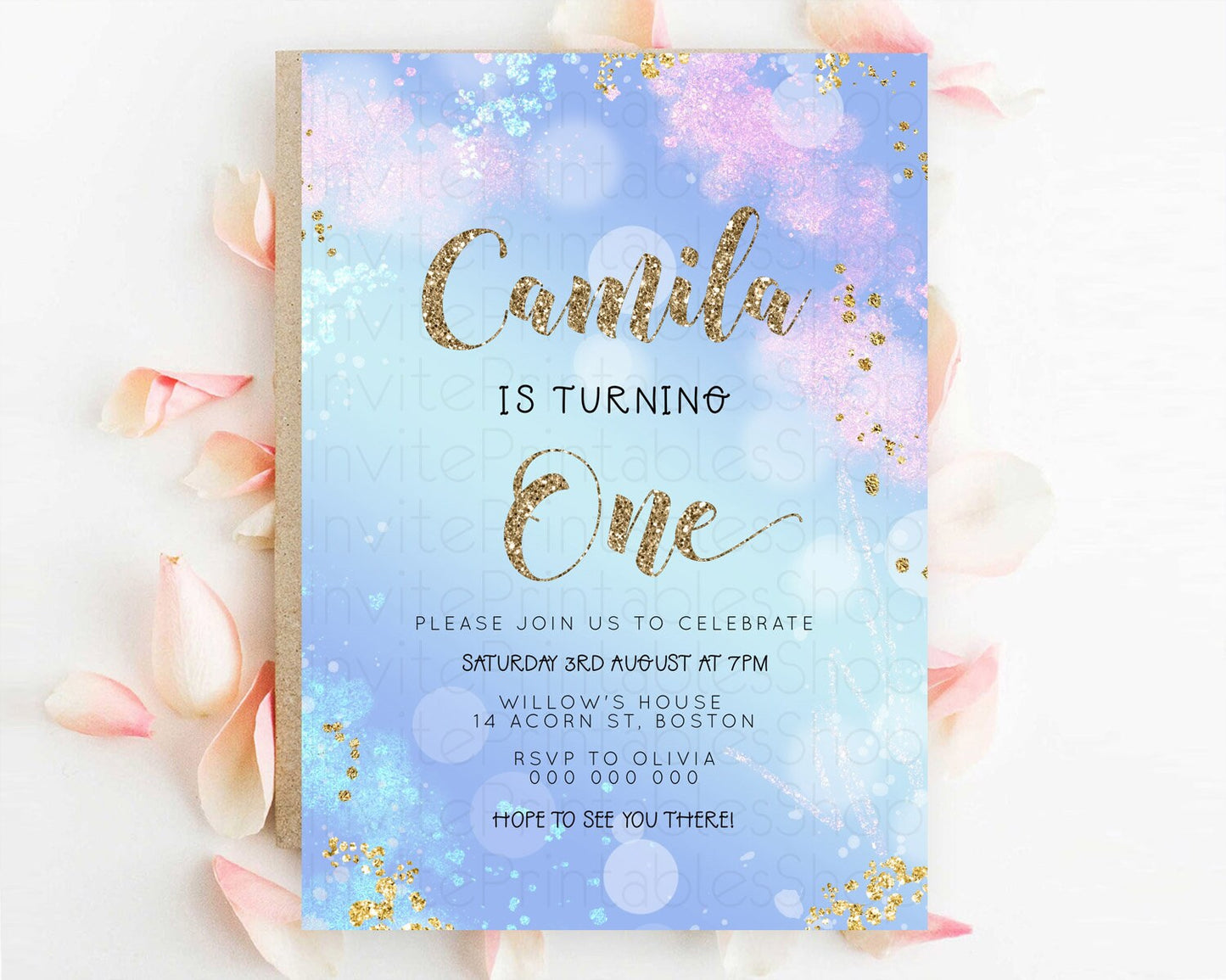 Rainbow Birthday Invitation Colorful Pastel Watercolor Invitation Gold Glitter Sprinkles Ombre Pastel 1st 2nd 3rd Birthday D23124