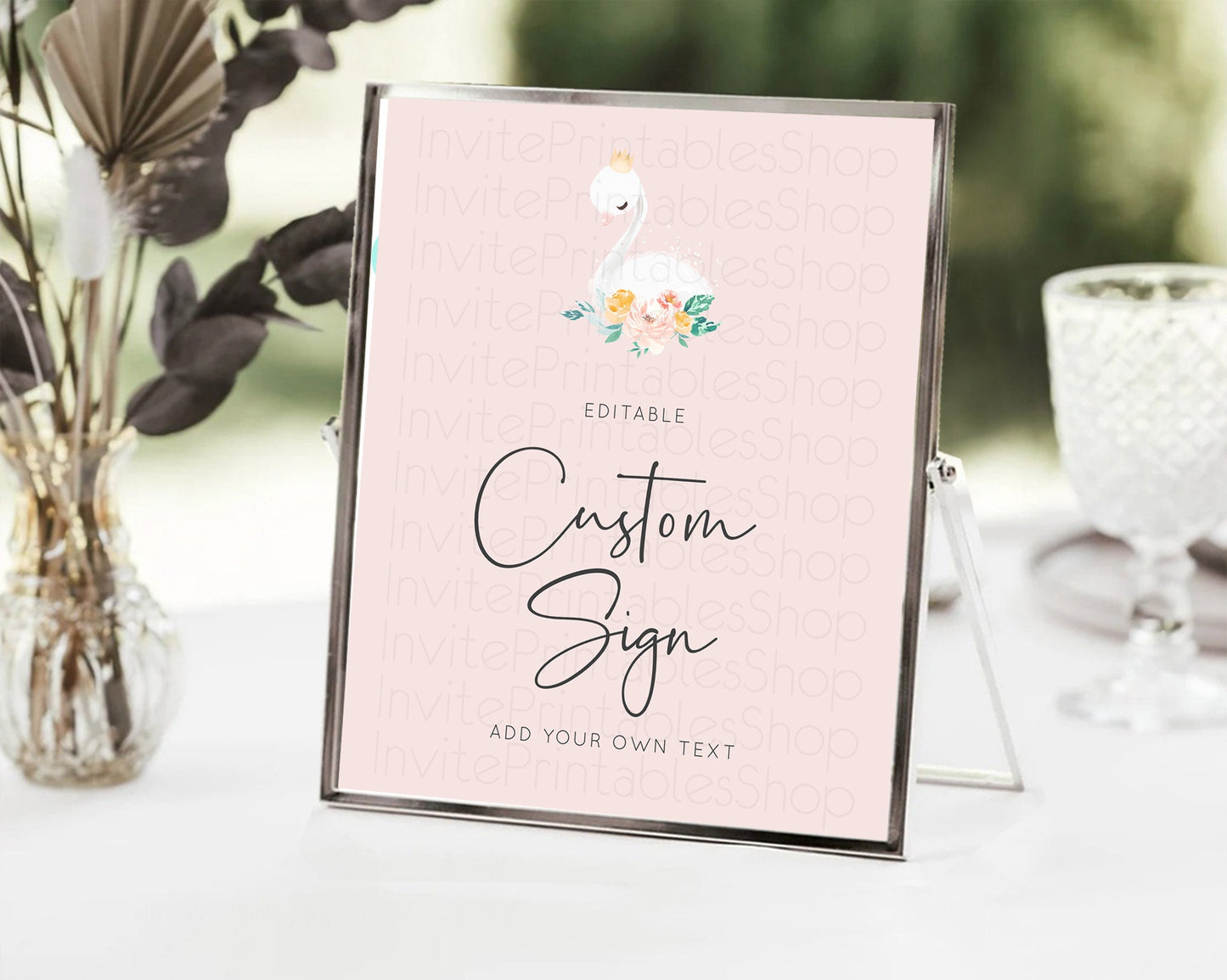 Editable Swan Table Sign Decor Swan Princess Ballet Party Enchanted Swan Lak
