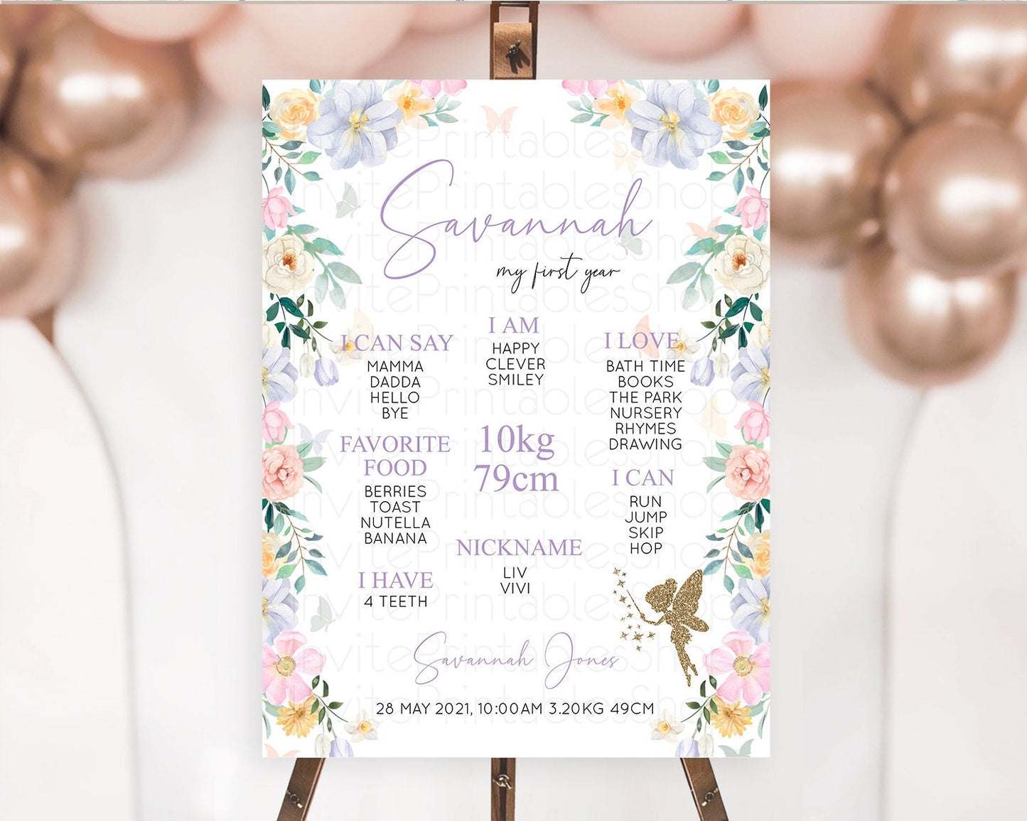 Fairy First Birthday Milestone Poster Fairy Secret Garden Milestone Board Enchanted Garden Pastel Floral Butterfly 1st Birthday Sign D10474