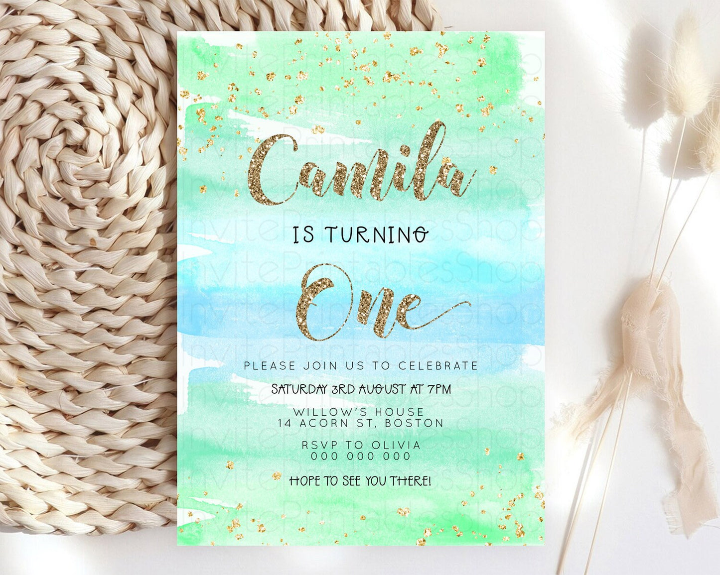 Green Birthday Invitation green Watercolor Invitation Pastel green Watercolor Invitation green Splash Gold Invitation First Birthday D23276