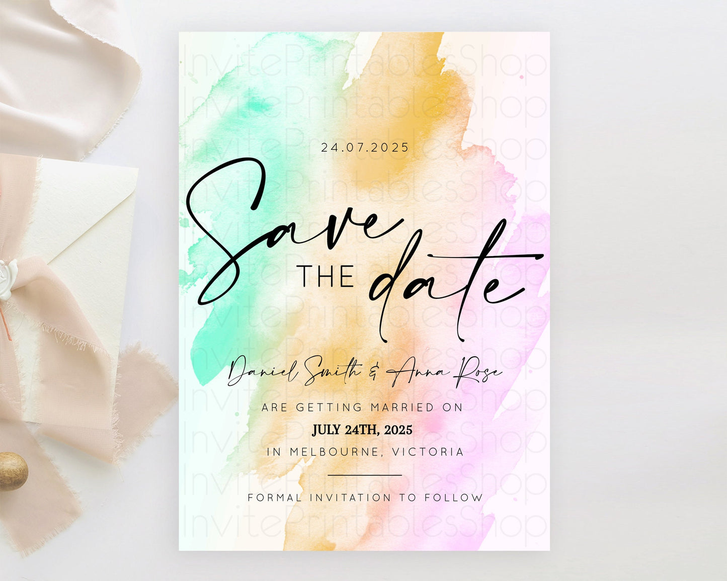 Pastel Save The Date Template Pastel Ombre Rainbow Watercolor Colorful Party For Birthday Baptism Baby Shower Wedding Bridal Shower D10962