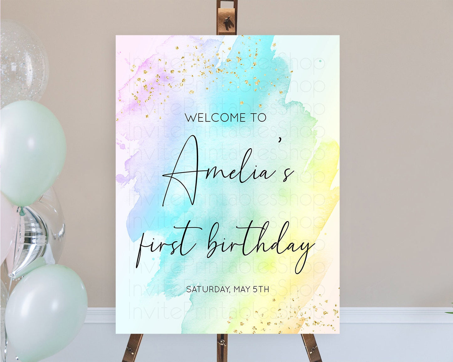 Pastel Welcome Sign Pastel Rainbow Welcome Sign Colorful Rainbow Confetti Watercolor Glitter Pastel First Birthday Welcome Sign D10773