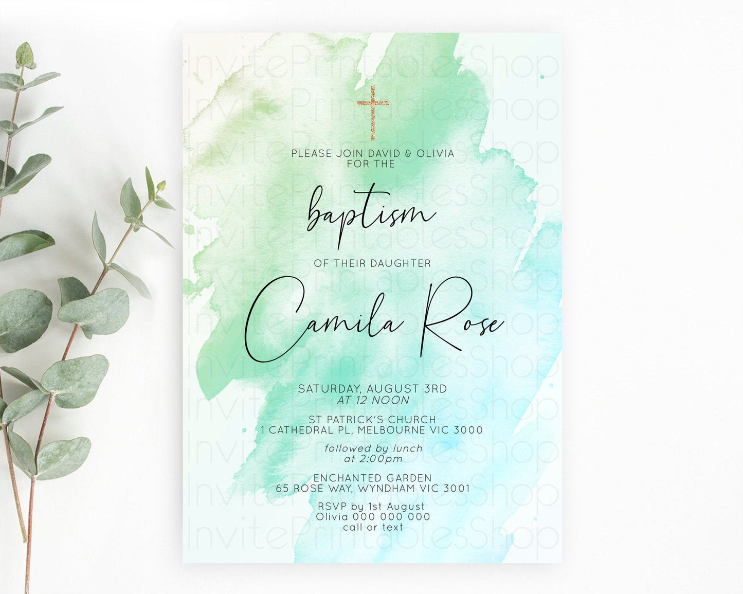 Green Baptism Invitation green Watercolor Baptism 1st Birthday Invitation Pastel Green Watercolor Christening Invite Green Splash D10166